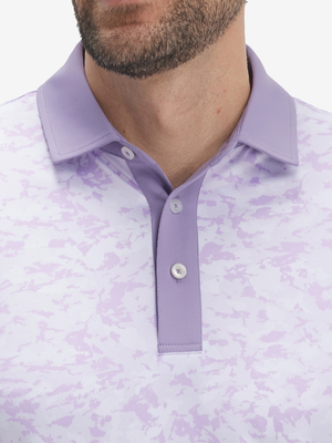 Front shot from nose to chest of model wearing violet frost flowers stylish full print contrast collared golf polo shirts