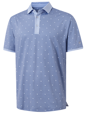 3d view of garment in light blue houndstooth of stylish full print contrast collared golf polo shirts.