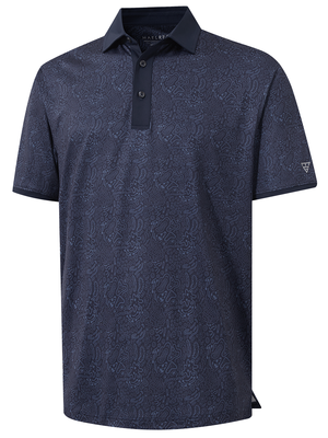 3d view of garment in navy graffiti of stylish full print contrast collared golf polo shirts.