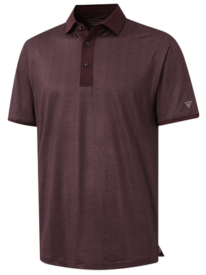 3d view of garment in dark red lines of stylish full print contrast collared golf polo shirts.
