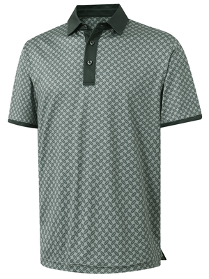 3d view of garment in dark green leaves of stylish full print contrast collared golf polo shirts.