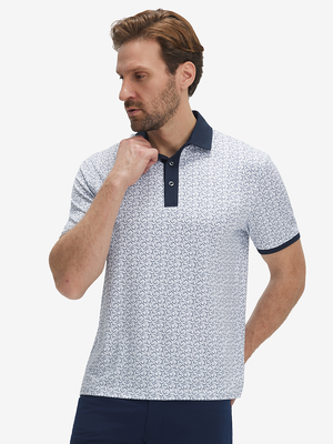 Front upper body shot of model wearing navy antlers stylish full print contrast collared golf polo shirts