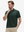 Front upper body shot of model wearing green palm leaves stylish full print contrast collared golf polo shirts 