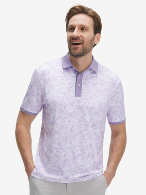 Front upper body shot of model wearing violet frost flowers stylish full print contrast collared golf polo shirts