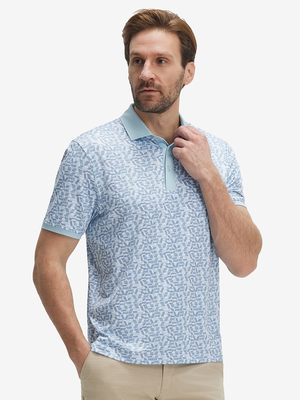 Front upper body shot of model wearing lines geometric stylish full print contrast collared golf polo shirts