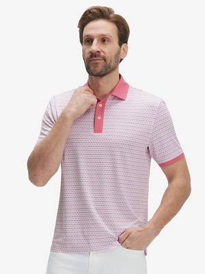 Front upper body shot of model wearing keys pattern stylish full print contrast collared golf polo shirts