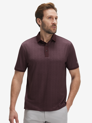 Front upper body shot of model wearing dark red lines stylish full print contrast collared golf polo shirts