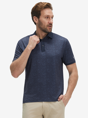 Front upper body shot of model wearing navy graffiti stylish full print contrast collared golf polo shirts