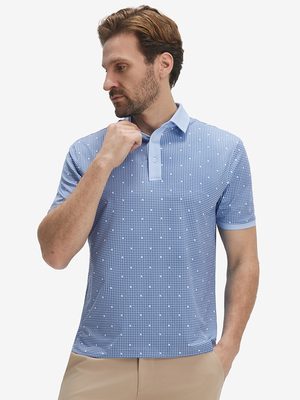 Front upper body shot of model wearing light blue houndstooth stylish full print contrast collared golf polo shirts