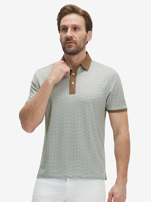Front upper body shot of model wearing hexagon grid stylish full print contrast collared golf polo shirts