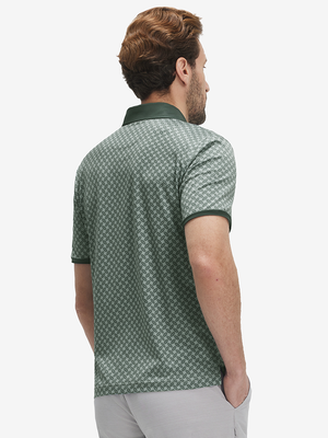 Back upper body shot of model wearing dark green leaves stylish full print contrast collared golf polo shirts