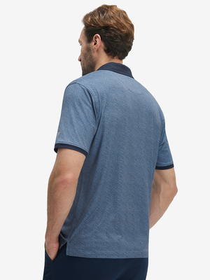 Back upper body shot of model wearing navy lines stylish full print contrast collared golf polo shirts