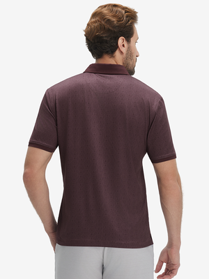 Back upper body shot of model wearing dark red lines stylish full print contrast collared golf polo shirts