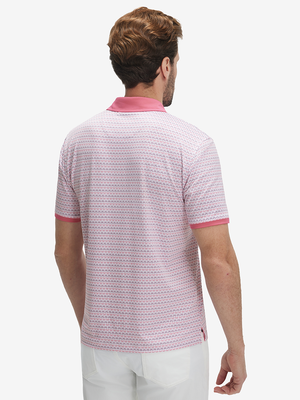 Back upper body shot of model wearing keys pattern stylish full print contrast collared golf polo shirts