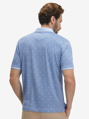 Back upper body shot of model wearing light blue houndstooth stylish full print contrast collared golf polo shirts