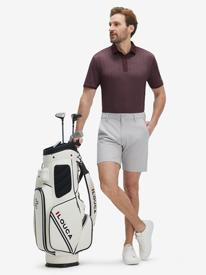 Front full body shot of model wearing dark red lines stylish full print contrast collared golf polo shirts