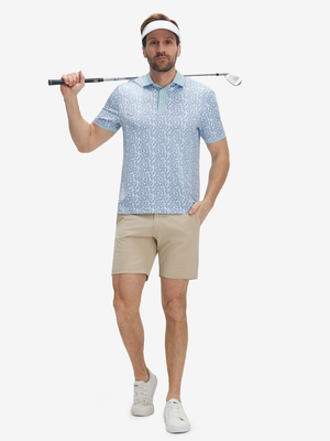Front full body shot of model wearing lines geometric stylish full print contrast collared golf polo shirts