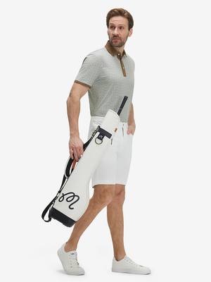Front full body shot of model wearing hexagon grid stylish full print contrast collared golf polo shirts
