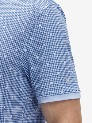 Detail view of cuff on light blue houndstooth stylish full print contrast collared golf polo shirts