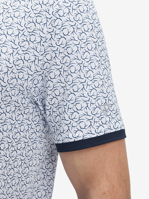 Detail view of cuff on navy antlers stylish full print contrast collared golf polo shirts