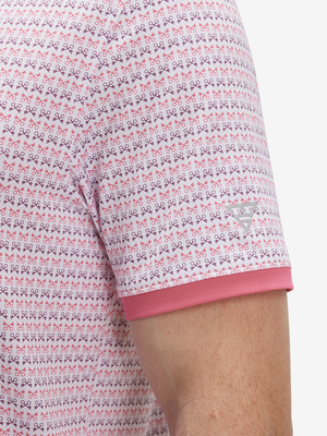 Detail view of cuff on keys pattern stylish full print contrast collared golf polo shirts