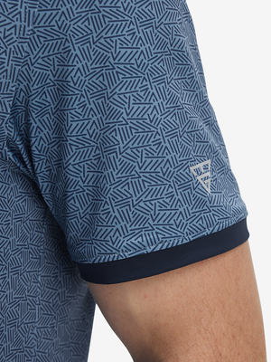 Detail view of cuff on navy lines stylish full print contrast collared golf polo shirts