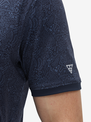 Detail view of cuff on navy graffiti stylish full print contrast collared golf polo shirts