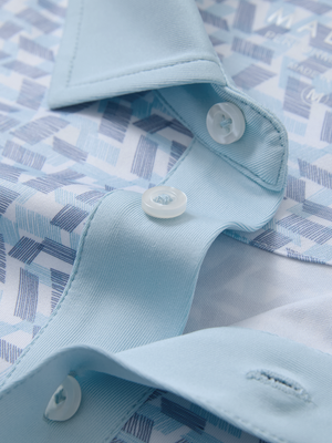 Detail view of collar on lines geometric  stylish full print contrast collared golf polo shirts