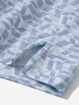 Detail view of hem on lines geometric stylish full print contrast collared golf polo shirts